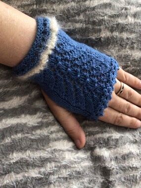 Hand-Knitted Blue Lace Wrist Warmer with Cream Trim